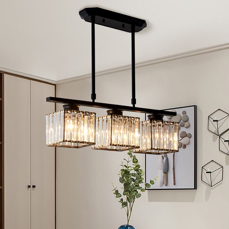 Nordic Multi Head Lange Glazen Eilandlamp Voor Keuken Zwart Vierkant 3 lampen D60*H70CM