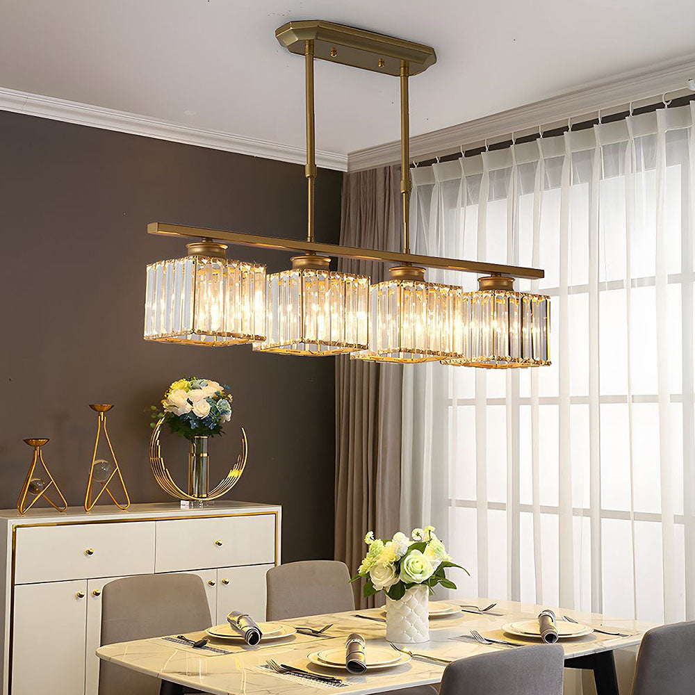 Nordic Multi Head Lange Glazen Eilandlamp Voor Keuken Goud Vierkant 4 lampen D80*H70CM