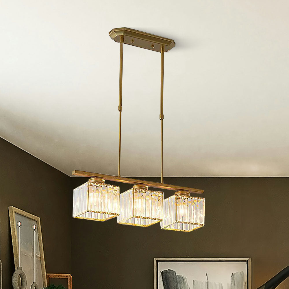 Nordic Multi Head Lange Glazen Eilandlamp Voor Keuken Goud Vierkant 3 lampen D60*H70CM