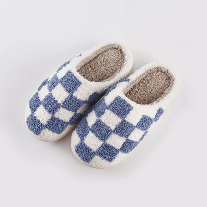 Slippers Binnenfleece Dambord Warm Pantoffels Sloffen Blauw