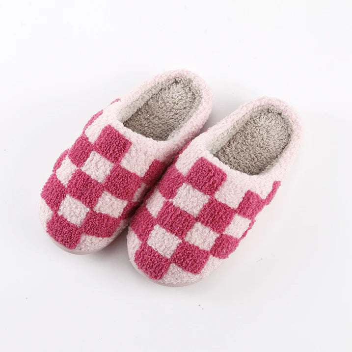 Slippers Binnenfleece Dambord Warm Pantoffels Sloffen Roze
