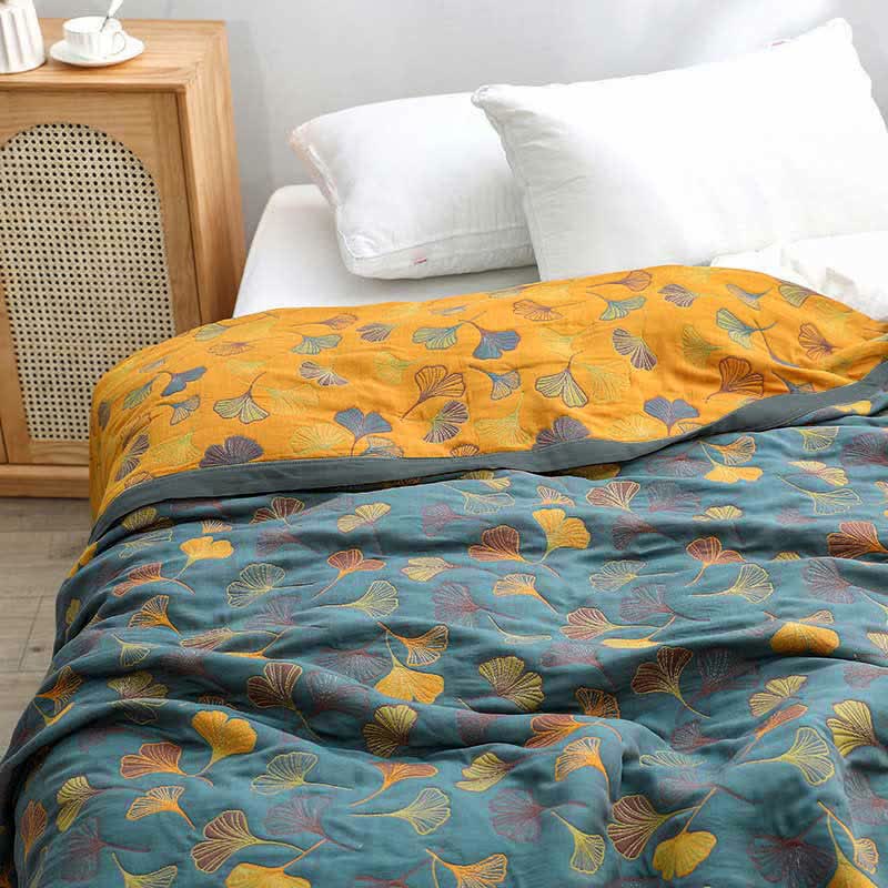 Omkeerbare Katoenen Quilt Met Ginkgobladpatroon Slaapkamer Blauwgrijs & Oranje Quilt