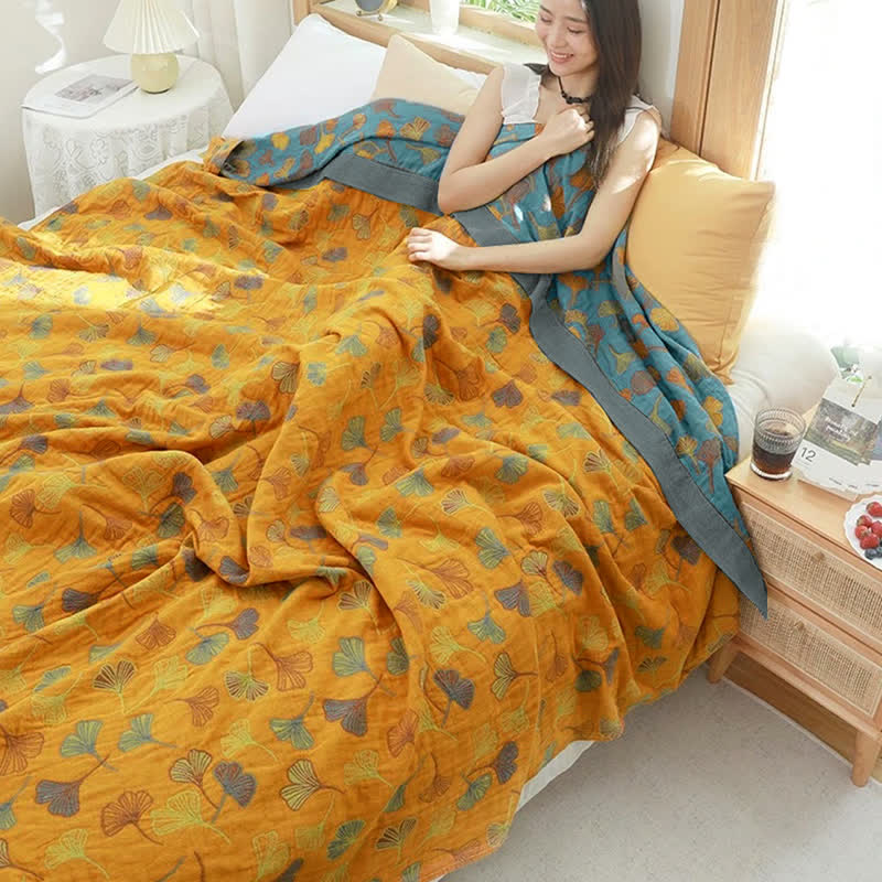 Omkeerbare Katoenen Quilt Met Ginkgobladpatroon Slaapkamer