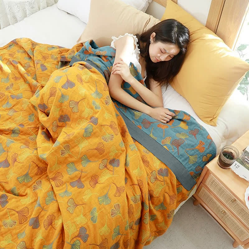 Omkeerbare Katoenen Quilt Met Ginkgobladpatroon Slaapkamer