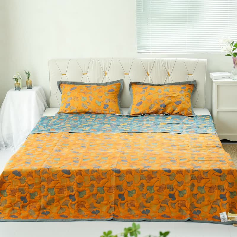 Omkeerbare Katoenen Quilt Met Ginkgobladpatroon Slaapkamer