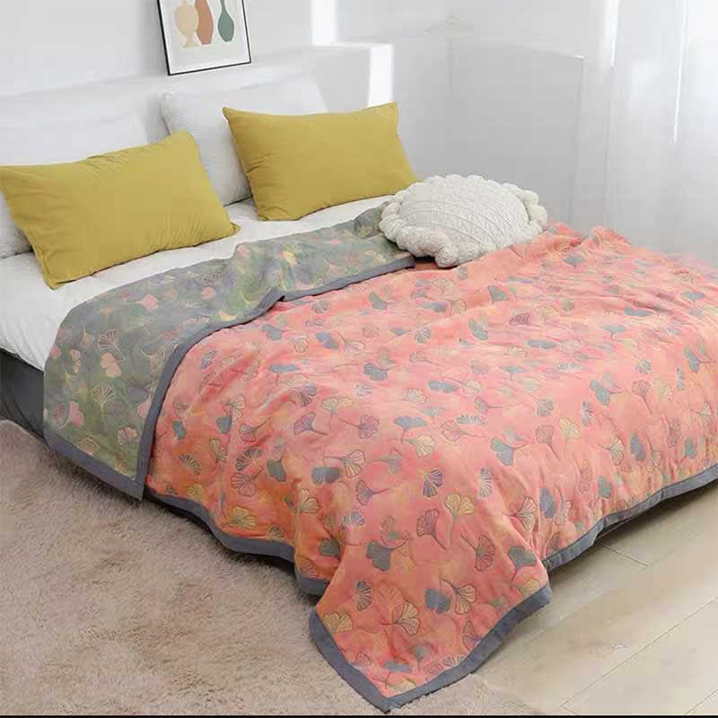 Omkeerbare Katoenen Quilt Met Ginkgobladpatroon Slaapkamer Roze & Blauwgrijs Quilt