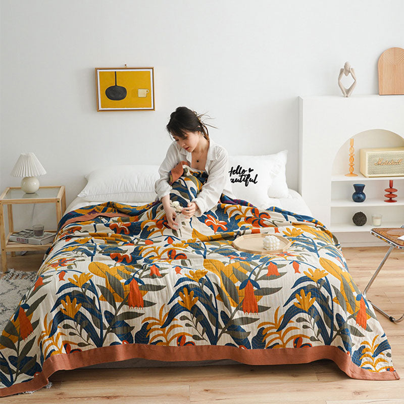 Omkeerbare Katoenen Quilt Met Gouden Bloemenprint Zoals afbeelding