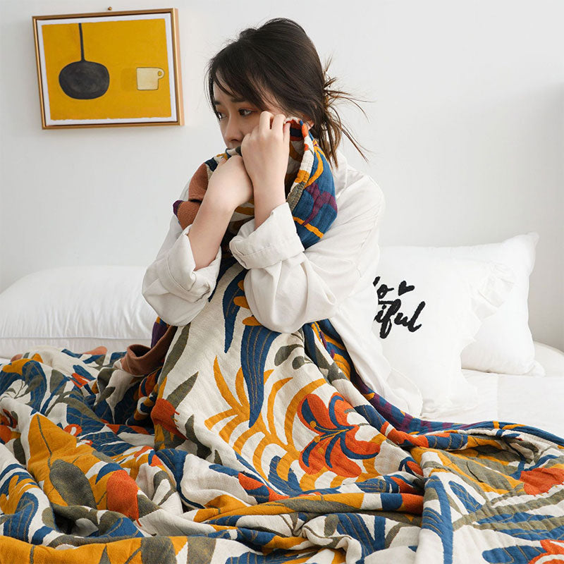 Omkeerbare Katoenen Quilt Met Gouden Bloemenprint