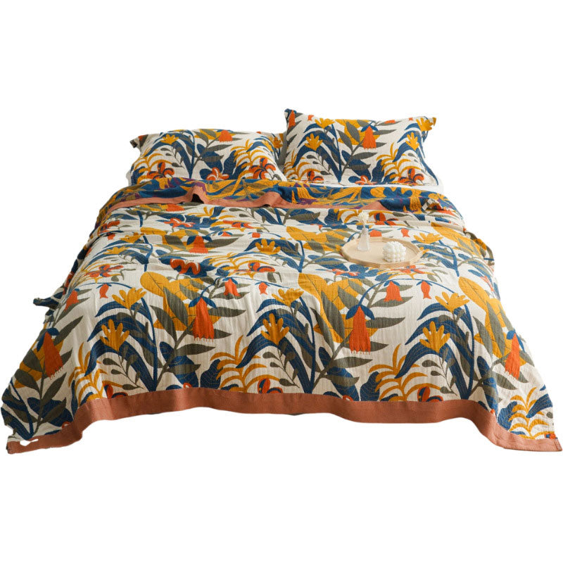 Omkeerbare Katoenen Quilt Met Gouden Bloemenprint