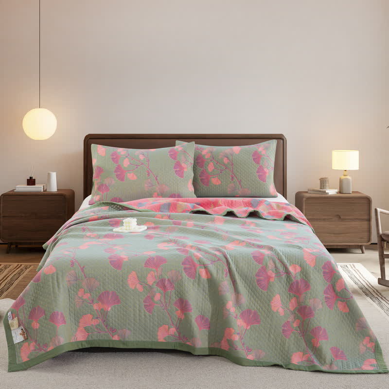 Omkeerbare Katoenen Quilt Met Oranje Ginkgobladeren Groen & Roze Quilt met 2 kussenslopen
