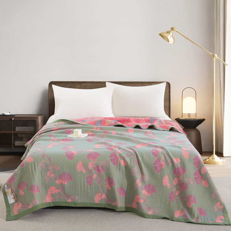 Omkeerbare Katoenen Quilt Met Oranje Ginkgobladeren Groen & Roze Quilt