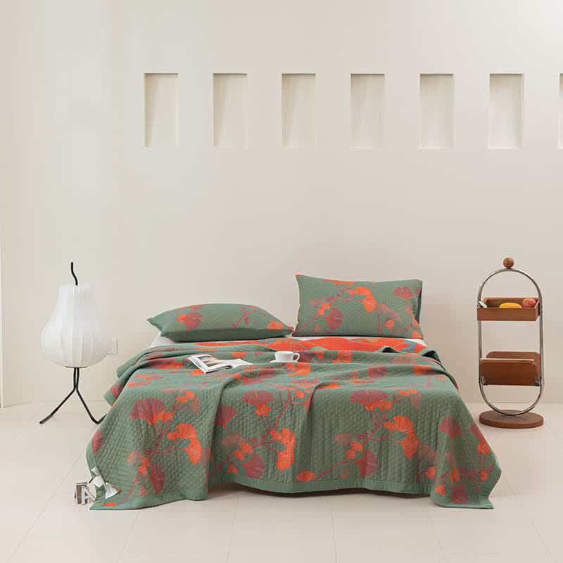 Omkeerbare Katoenen Quilt Met Oranje Ginkgobladeren Groen & Oranje Quilt met 2 kussenslopen