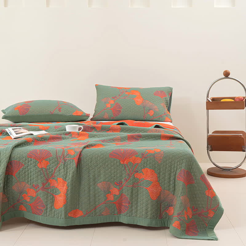 Omkeerbare Katoenen Quilt Met Oranje Ginkgobladeren