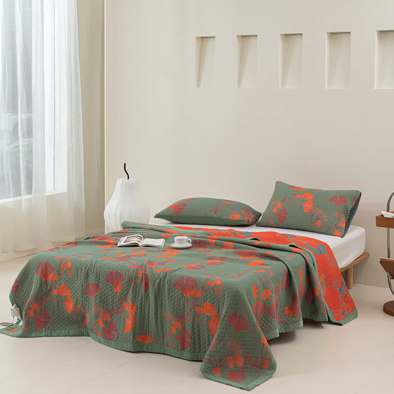Omkeerbare Katoenen Quilt Met Oranje Ginkgobladeren