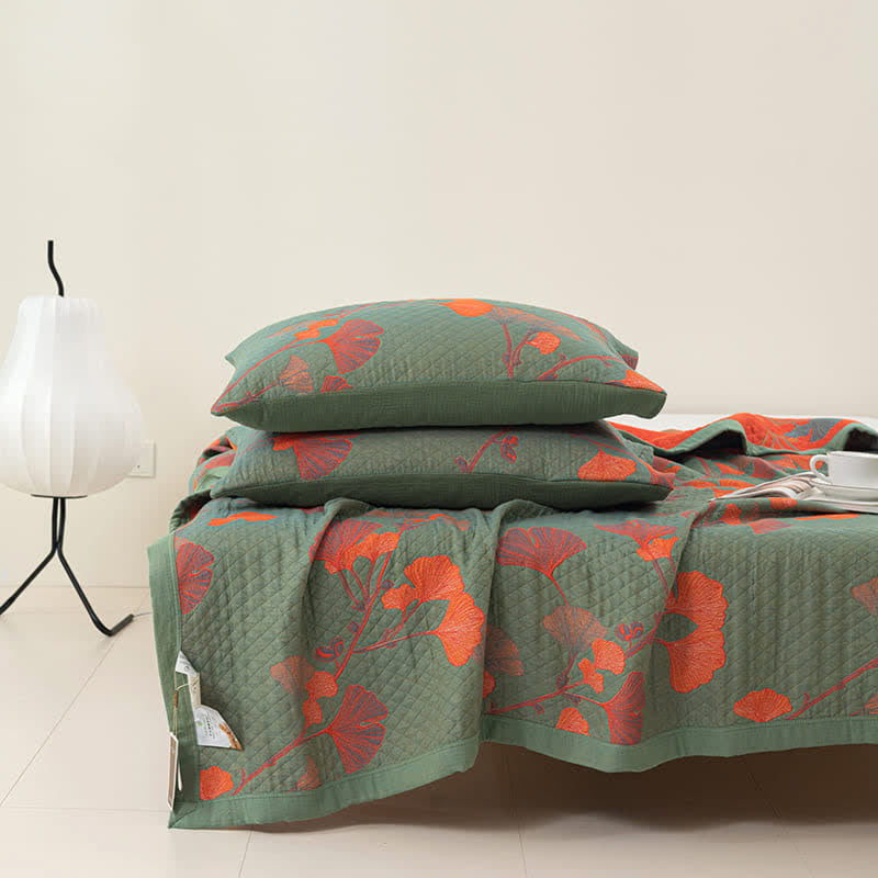 Omkeerbare Katoenen Quilt Met Oranje Ginkgobladeren Groen & Oranje 2 kussenslopen 19" x 29