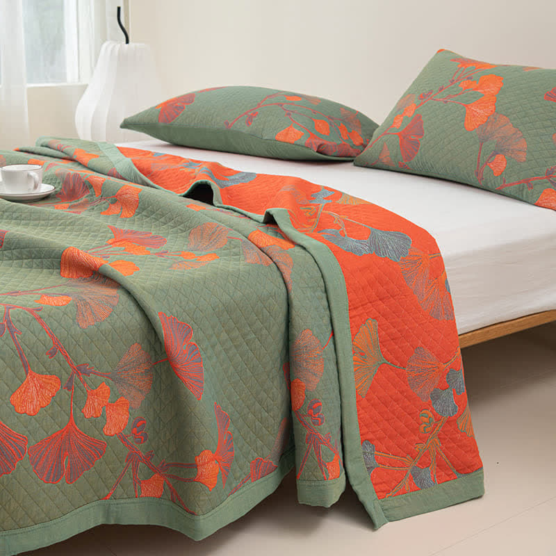 Omkeerbare Katoenen Quilt Met Oranje Ginkgobladeren