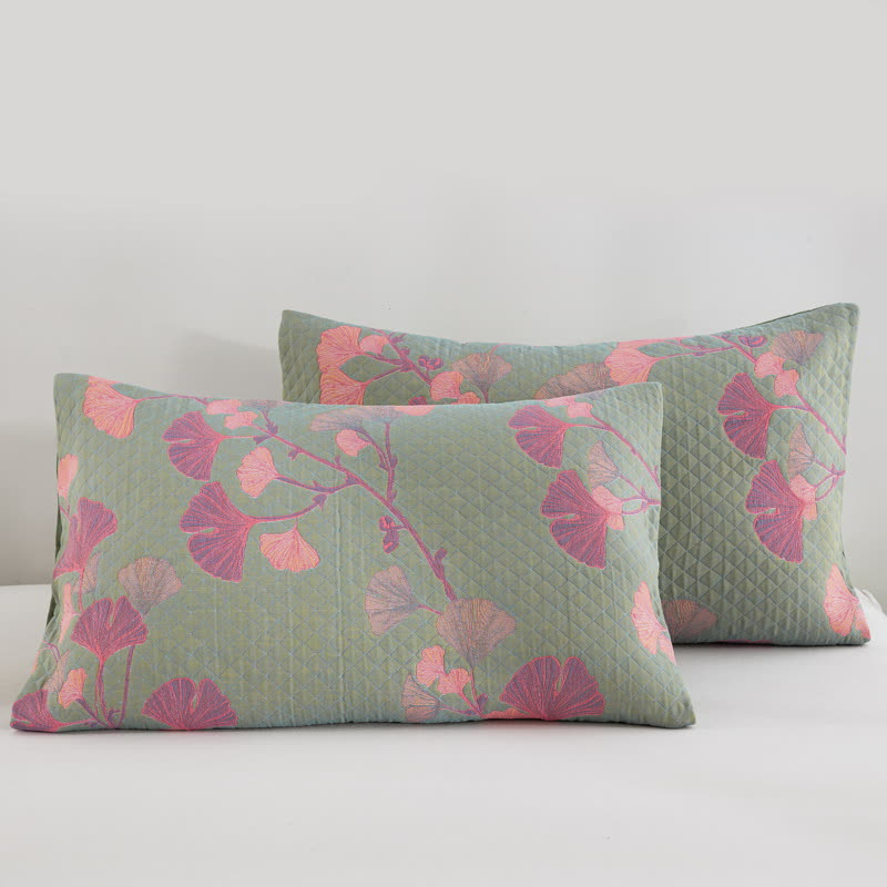 Omkeerbare Katoenen Quilt Met Oranje Ginkgobladeren Groen & Roze 2 kussenslopen 19" x 29