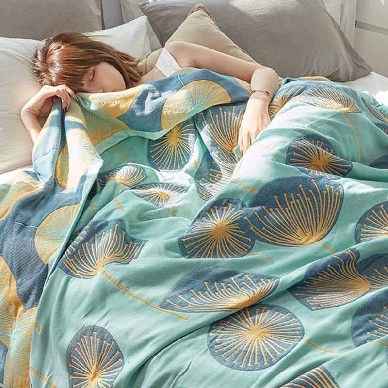 Omkeerbare Katoenen Quilt Met Paardenbloemprint Zacht Groen King