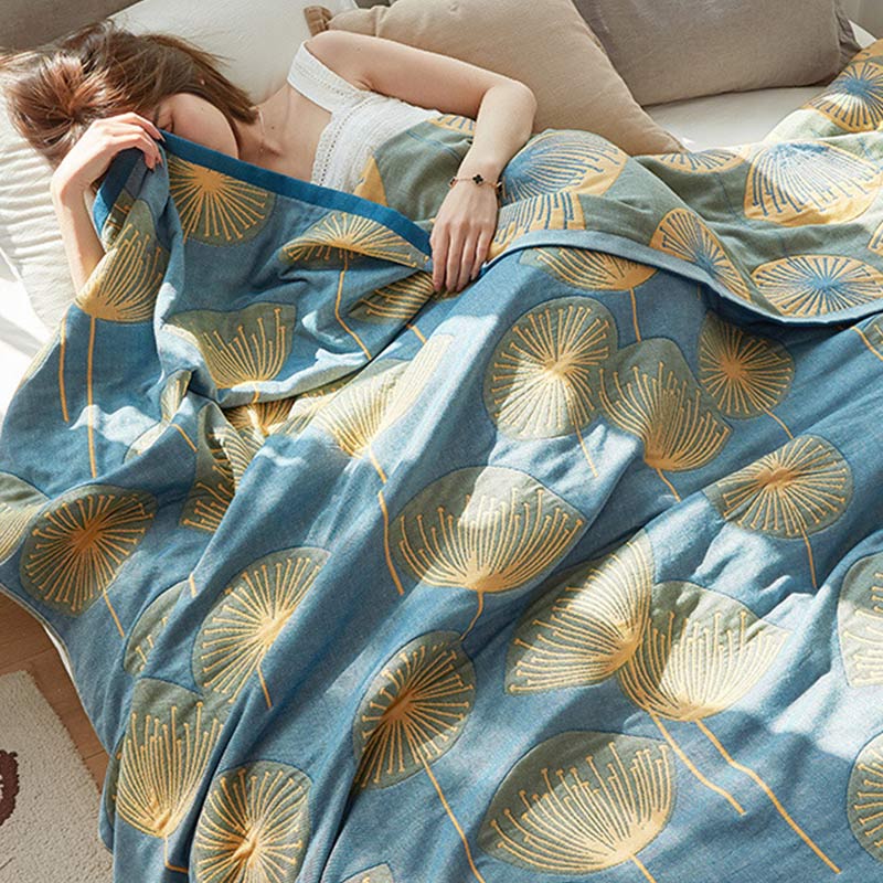 Omkeerbare Katoenen Quilt Met Paardenbloemprint Zacht Blauw King