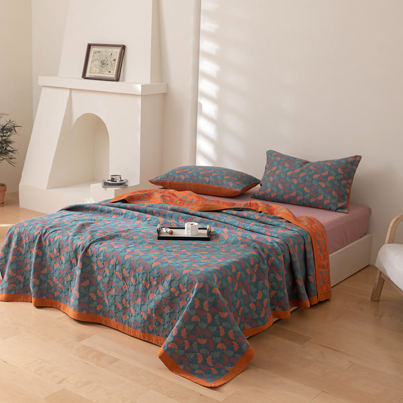Omkeerbare Katoenen Quilt Met Pastoraal Ginkgobladpatroon