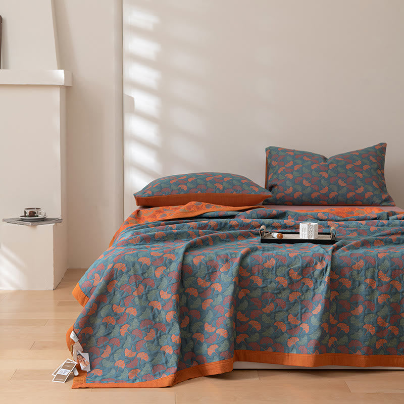 Omkeerbare Katoenen Quilt Met Pastoraal Ginkgobladpatroon