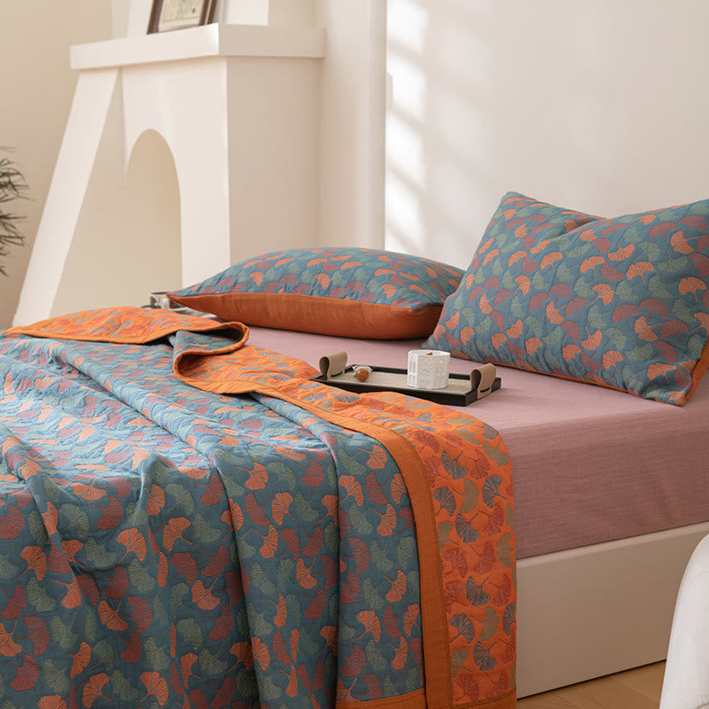 Omkeerbare Katoenen Quilt Met Pastoraal Ginkgobladpatroon