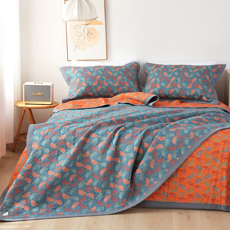 Omkeerbare Katoenen Quilt Met Pastoraal Ginkgobladpatroon