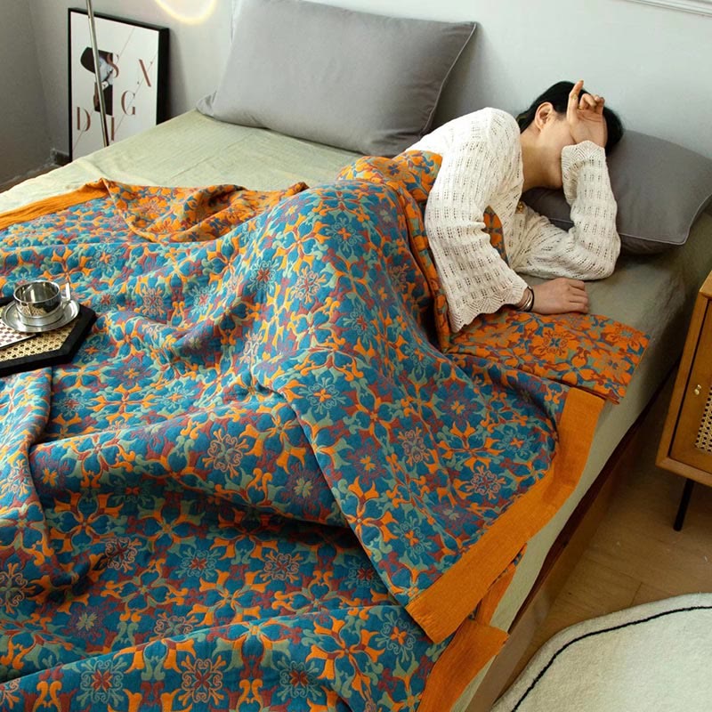 Oranje En Blauw Patroon Zes Lagen Katoenen Quilt Ademend