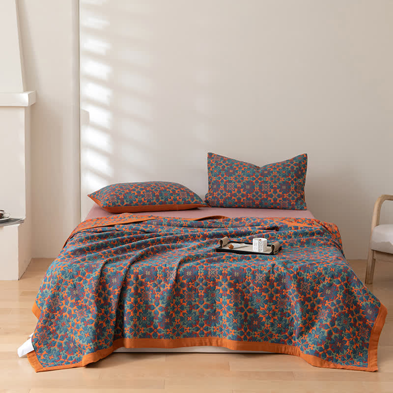 Oranje En Blauw Patroon Zes Lagen Katoenen Quilt Ademend Quilt met 2 kussenslopen