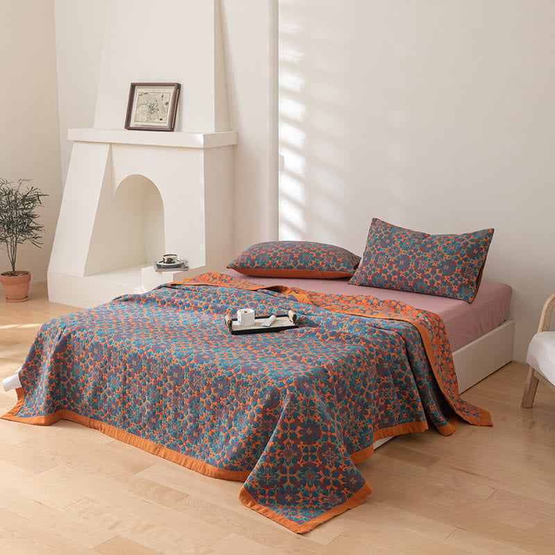 Oranje En Blauw Patroon Zes Lagen Katoenen Quilt Ademend 2 kussenslopen 19" x 29