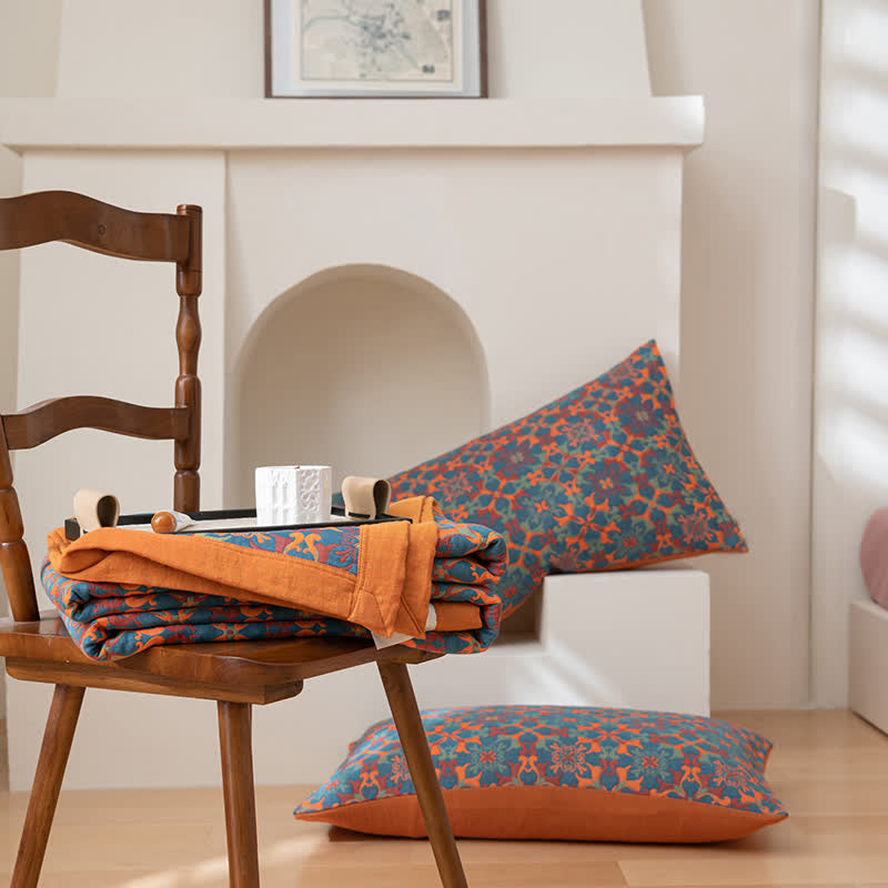 Oranje En Blauw Patroon Zes Lagen Katoenen Quilt Ademend