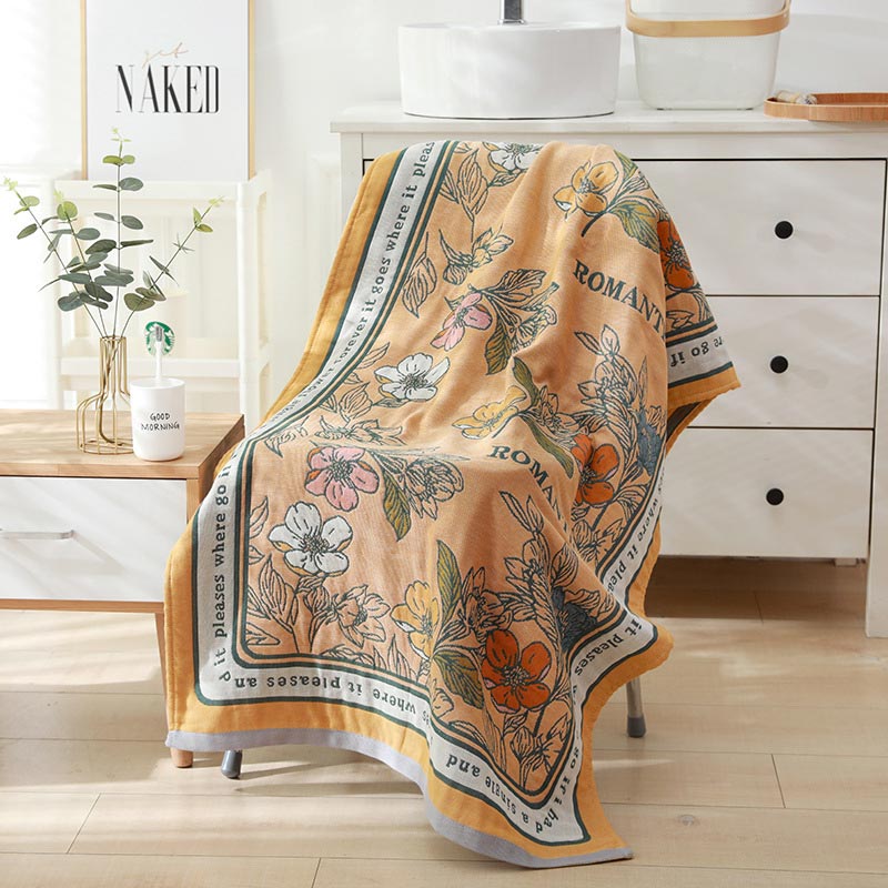 Bloemenpatroon Omkeerbare Badhanddoek Met Gemengde Kleuren Geel 80 cm x 160 cm