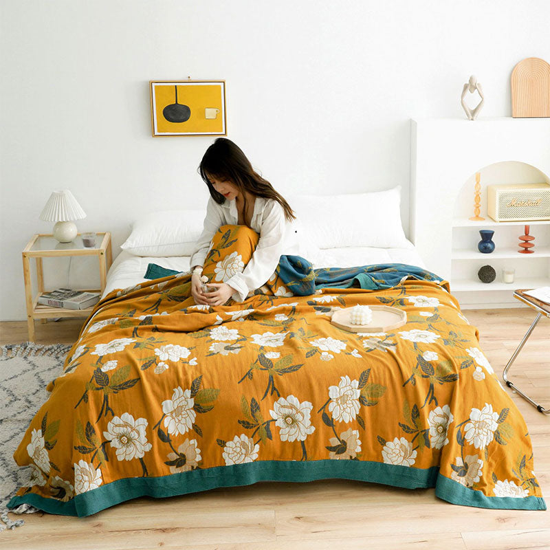 Boho Gele Bloemen Omkeerbare Katoenen Quilt Dekbed
