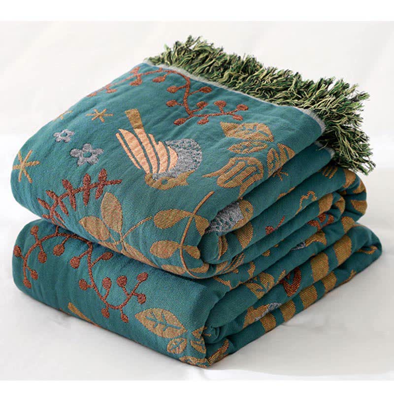 Boho Ademende Omkeerbare Quilt Met Vogel En Bloempatroon