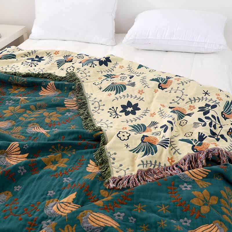 Boho Ademende Omkeerbare Quilt Met Vogel En Bloempatroon