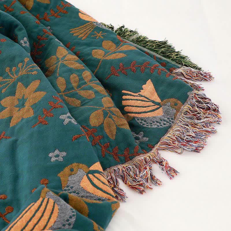 Boho Ademende Omkeerbare Quilt Met Vogel En Bloempatroon