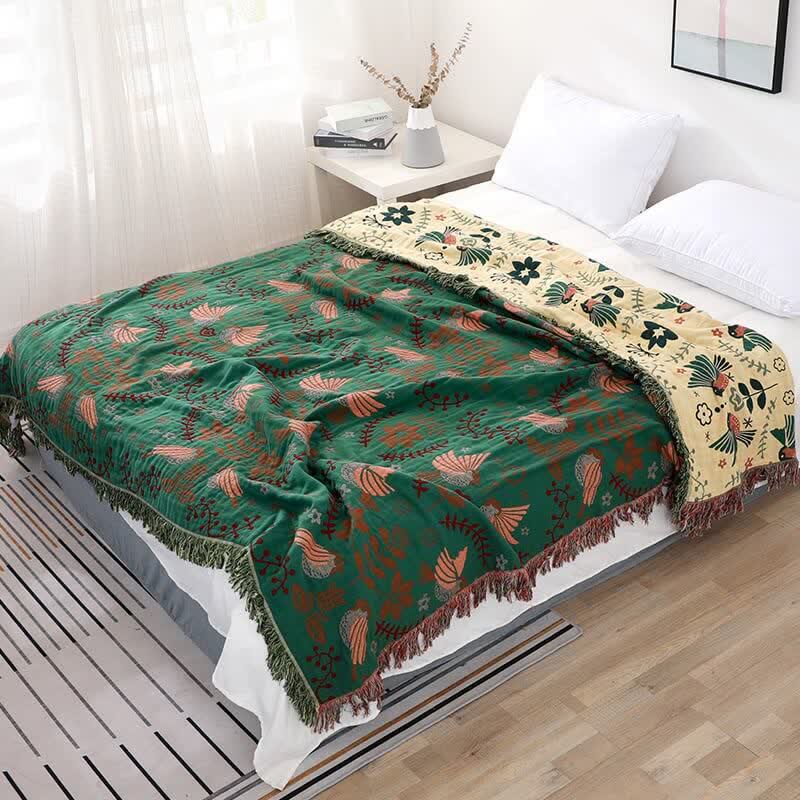Boho Ademende Omkeerbare Quilt Met Vogel En Bloempatroon Donkergroen