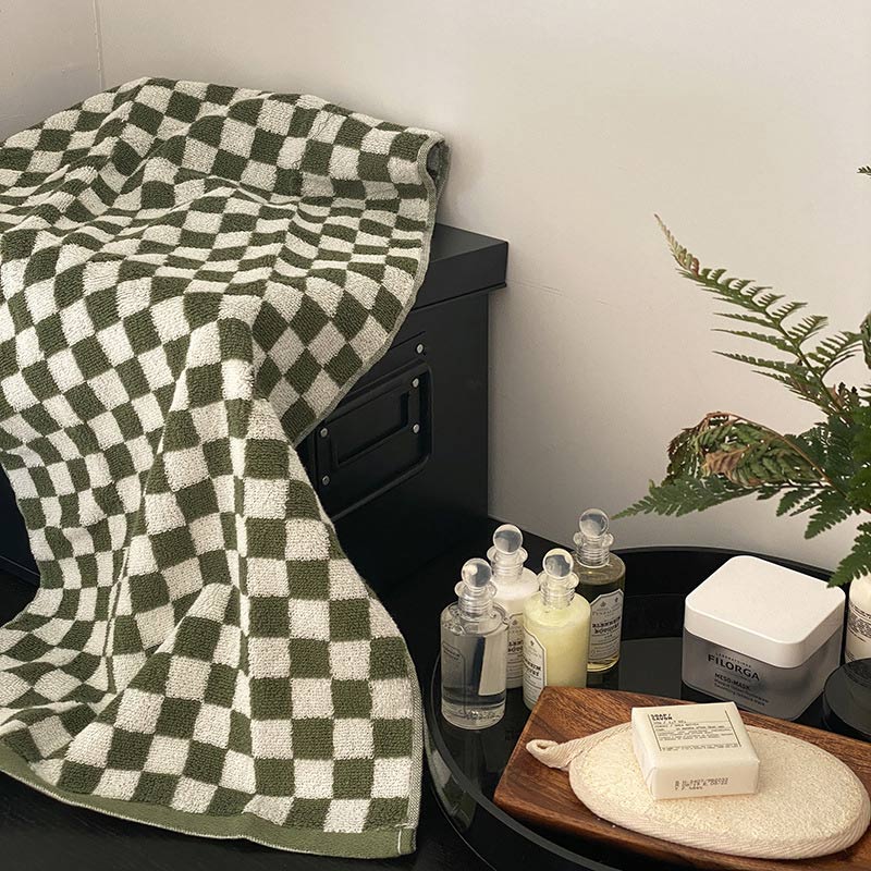 Ruitpatroon Badhanddoekenset Met Kleurblok Ontwerp Luxe Groen 34*76cm+70cm*140cm