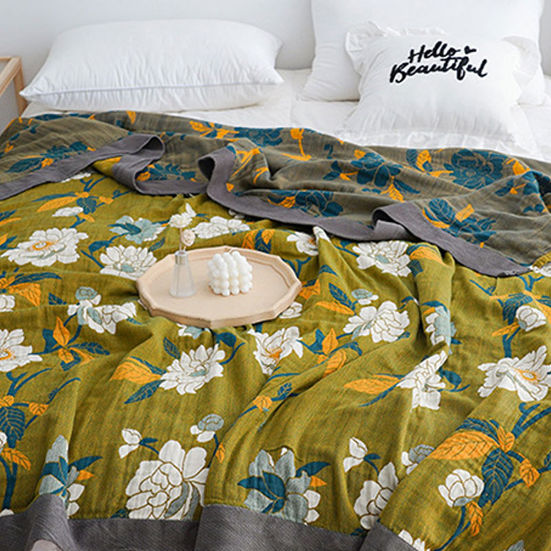 Olijfgroene Bloemenprint Katoenen Quilt Met Dubbel Jacquard
