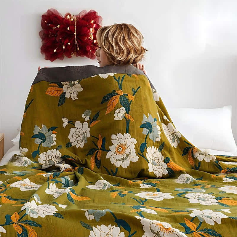 Olijfgroene Bloemenprint Katoenen Quilt Met Dubbel Jacquard