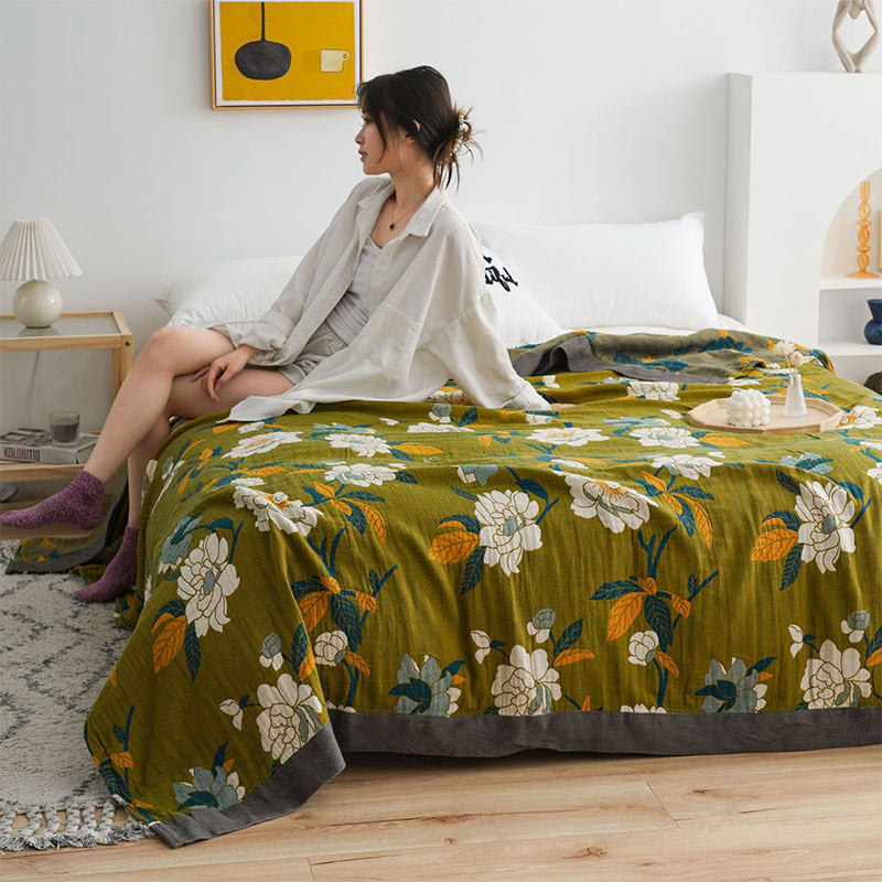 Olijfgroene Bloemenprint Katoenen Quilt Met Dubbel Jacquard