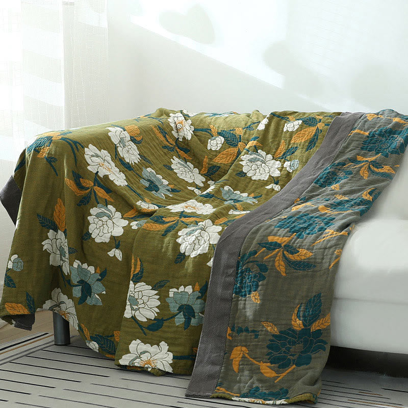 Olijfgroene Bloemenprint Katoenen Quilt Met Dubbel Jacquard