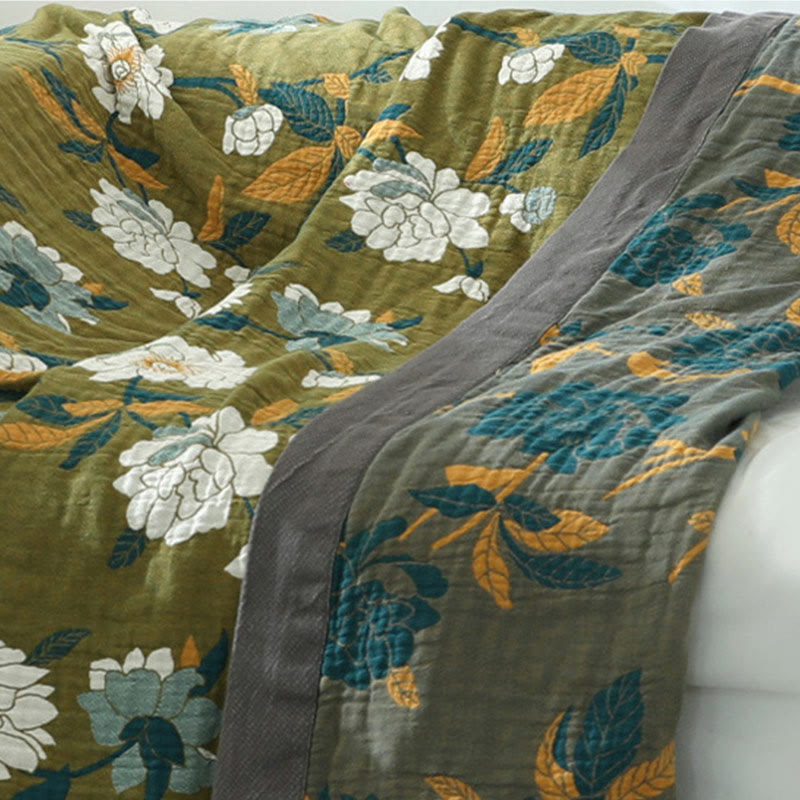 Olijfgroene Bloemenprint Katoenen Quilt Met Dubbel Jacquard