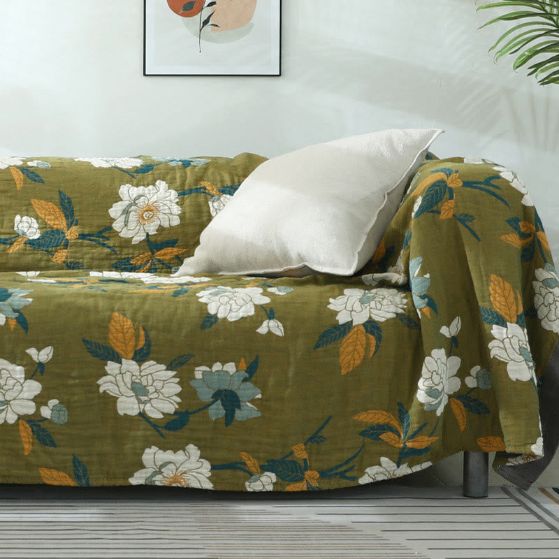 Olijfgroene Bloemenprint Katoenen Quilt Met Dubbel Jacquard
