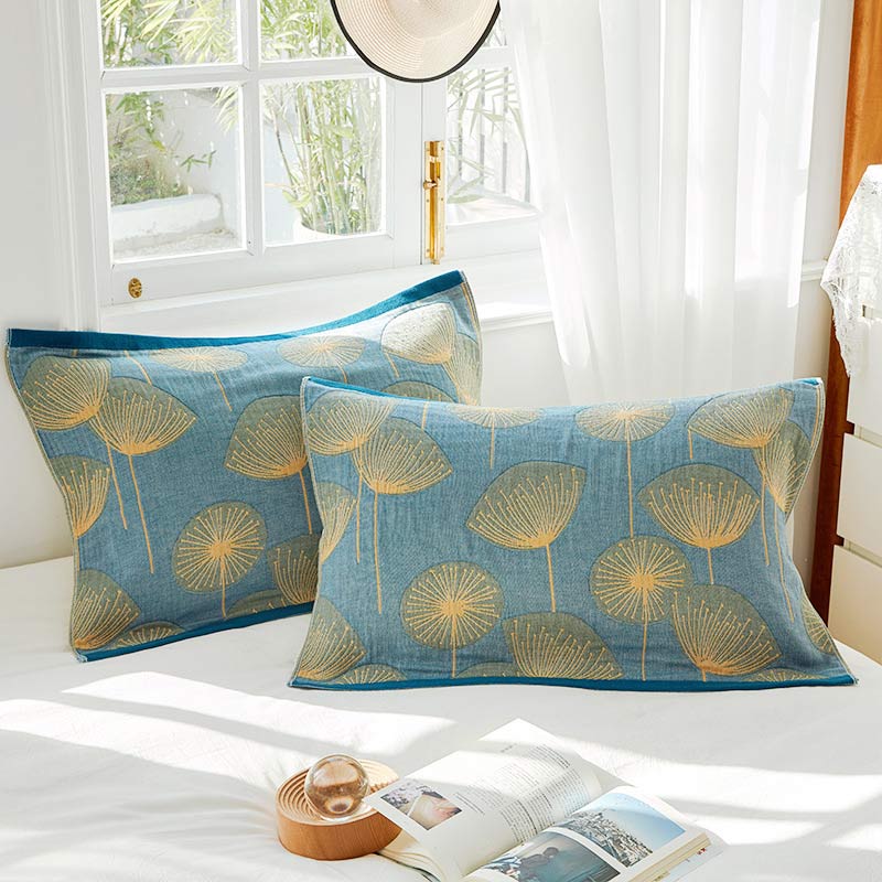 Paardenbloemprint Katoenen Gaas Kussen En Handdoek Set Van 2 Blauw 52 cm x 75 cm