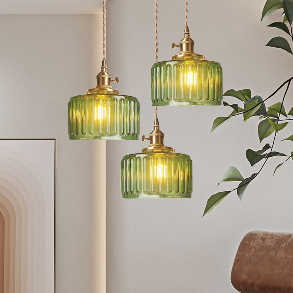 Vintage Cilindervormige Glazen Hanglamp Voor Warme Sfeer Groen A-(streep) D17 Type