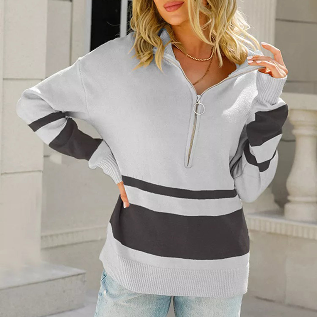 Gestreepte Pullover Trui Voor Dames Met Ritssluiting Kraag Grijs Zwart