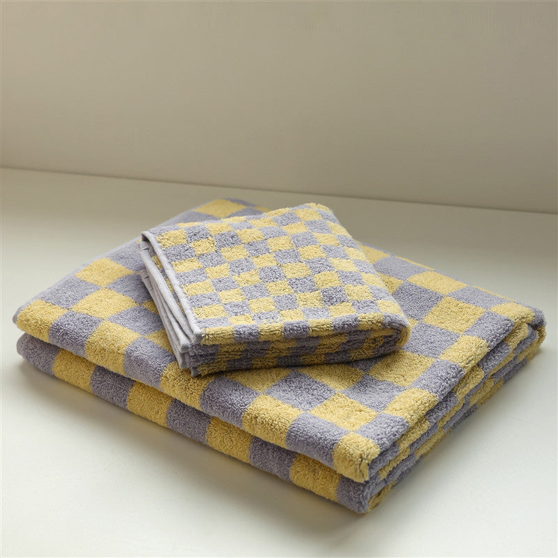 Retro Checkerboard Ademend Katoenen Baby Handdoek Zacht Geel & Paars
