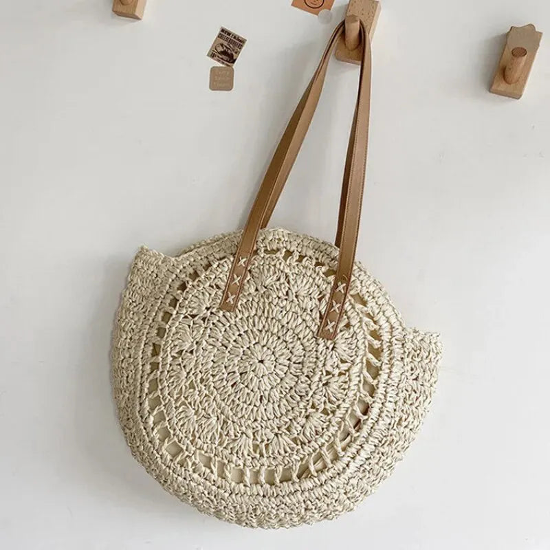 Ronde Stro Schoudertas Dames Grote Capaciteit Voor Strand hollowbeige