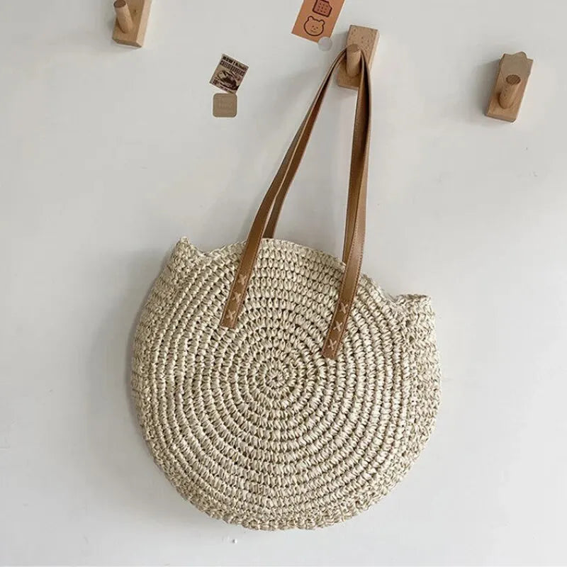 Ronde Stro Schoudertas Dames Grote Capaciteit Voor Strand beige